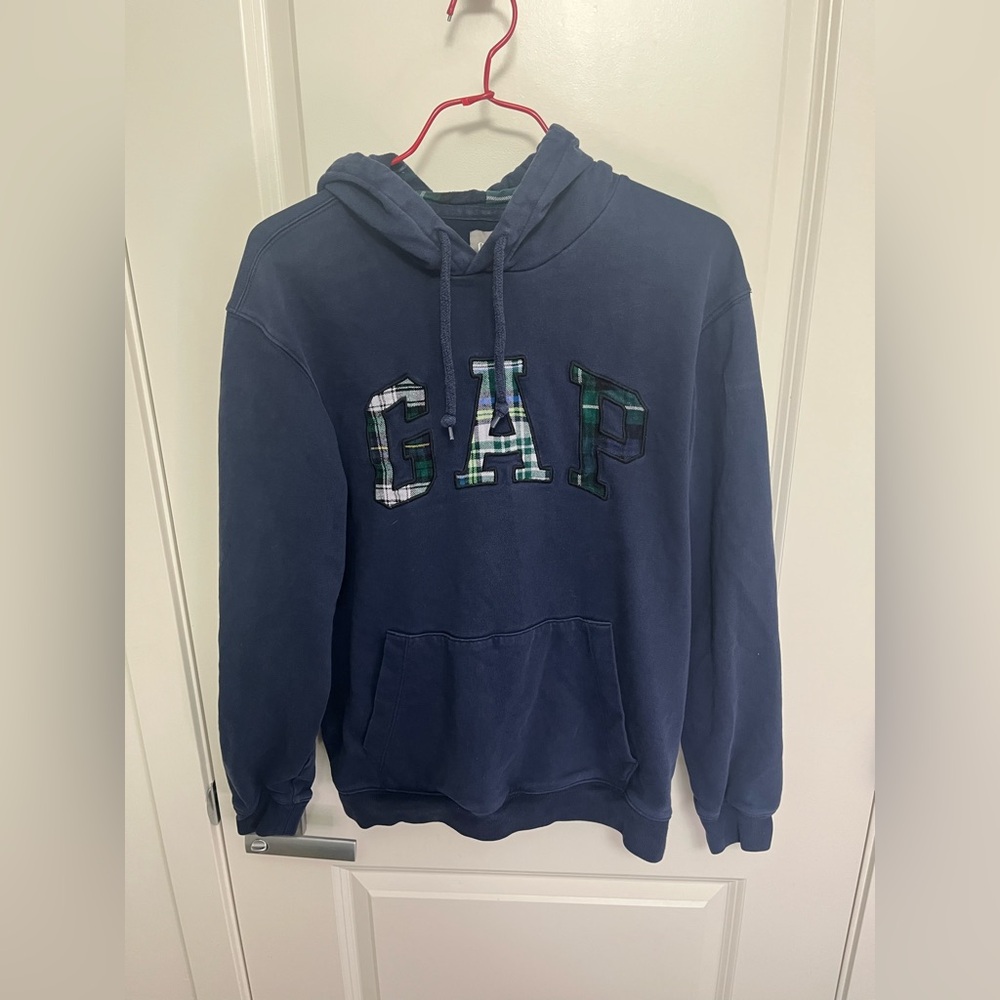 GAP Women's Navy Blue Hoodie with Plaid Logo in size XS
